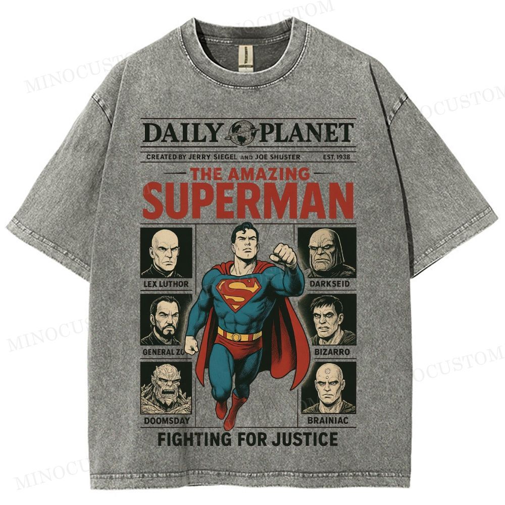 Superman Superhero Retro Comic Collage Graphic Washed T-Shirt