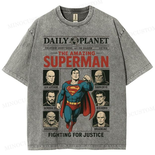 Superman Superhero Retro Comic Collage Graphic Washed T-Shirt