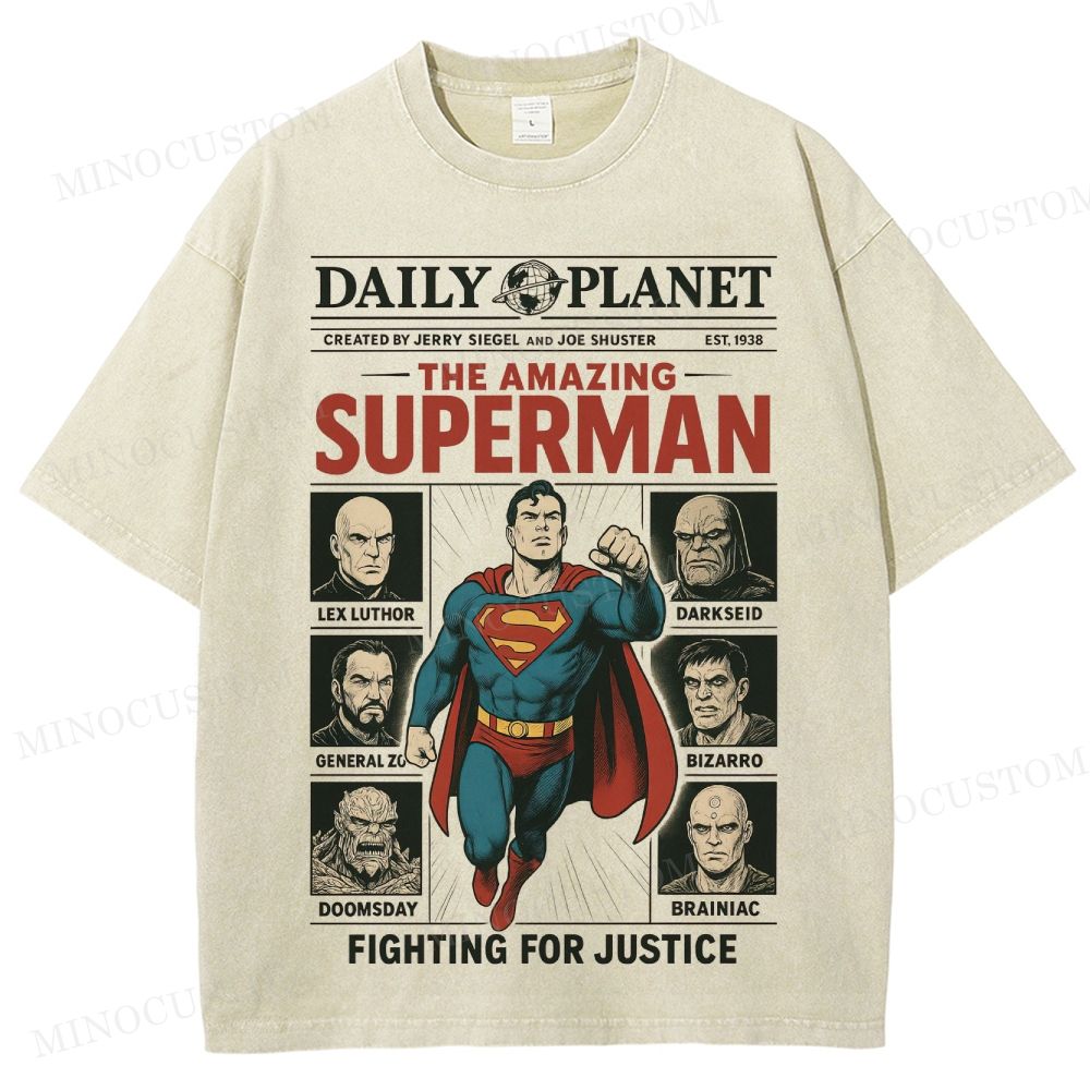Superman Superhero Retro Comic Collage Graphic Washed T-Shirt