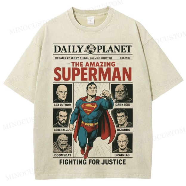 Superman Superhero Retro Comic Collage Graphic Washed T-Shirt