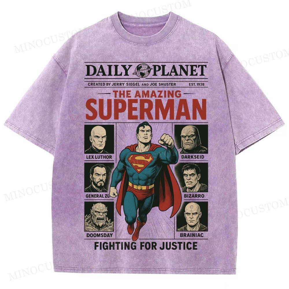 Superman Superhero Retro Comic Collage Graphic Washed T-Shirt