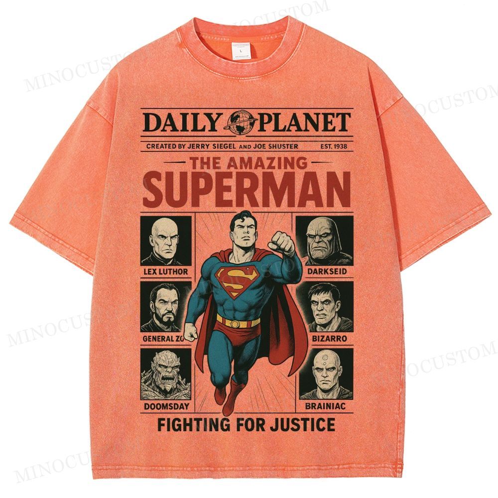 Superman Superhero Retro Comic Collage Graphic Washed T-Shirt