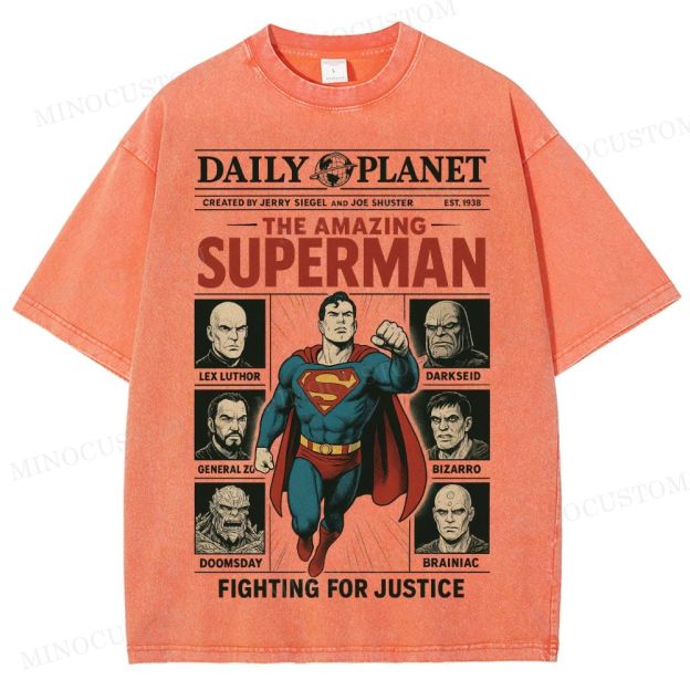 Superman Superhero Retro Comic Collage Graphic Washed T-Shirt
