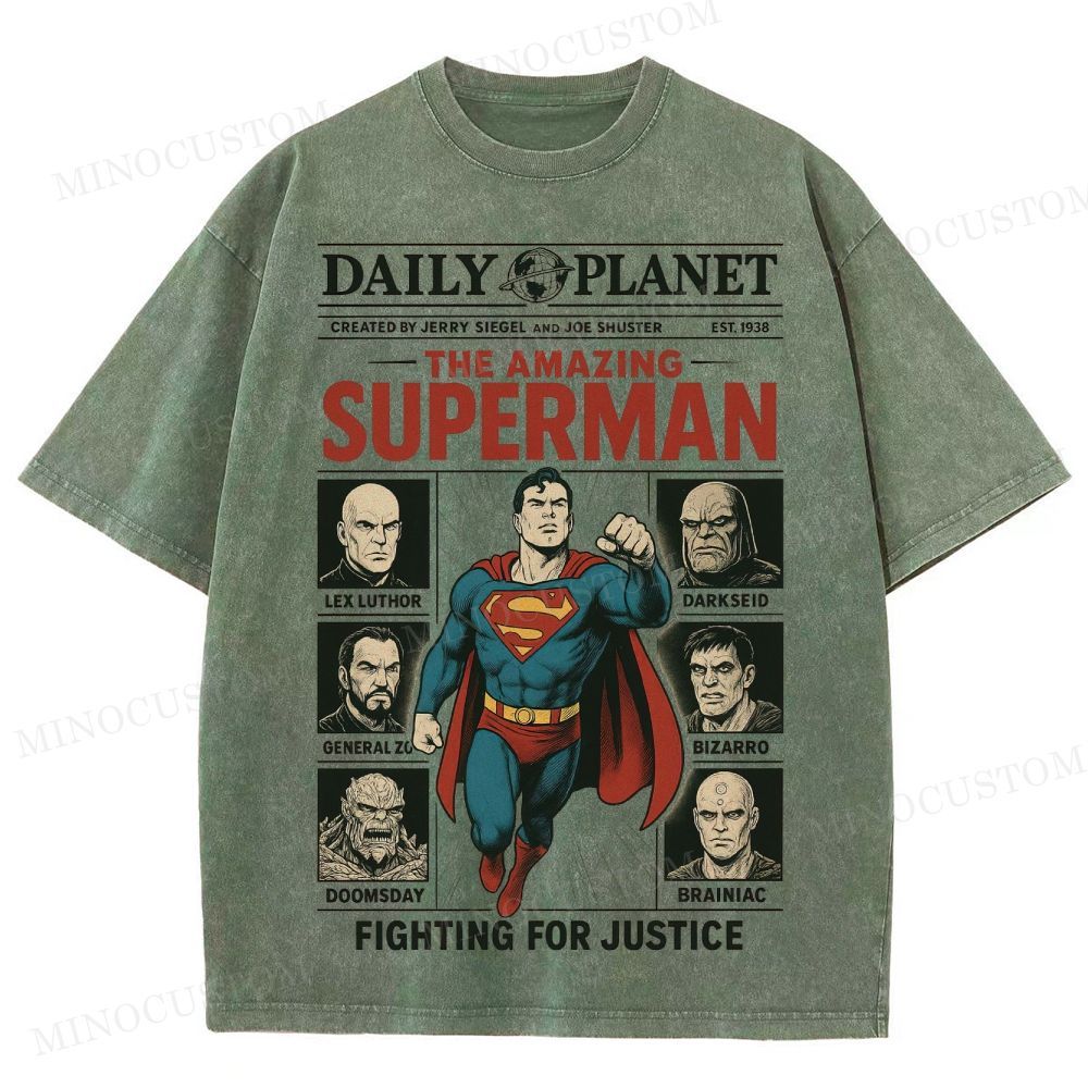 Superman Superhero Retro Comic Collage Graphic Washed T-Shirt