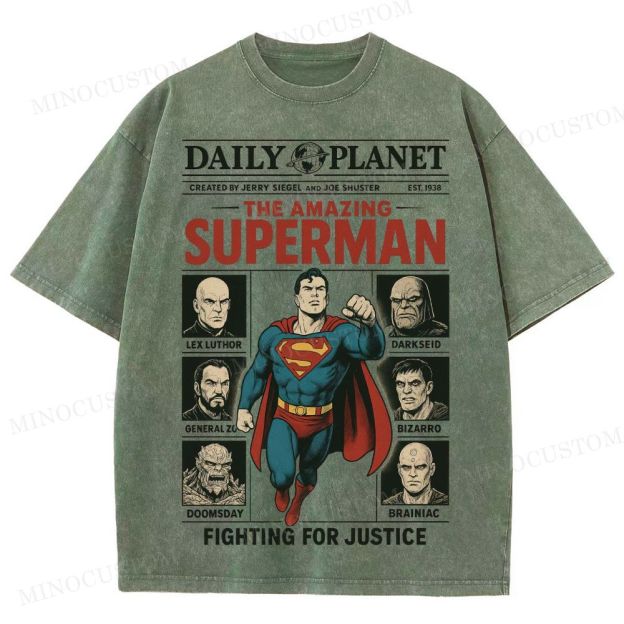 Superman Superhero Retro Comic Collage Graphic Washed T-Shirt