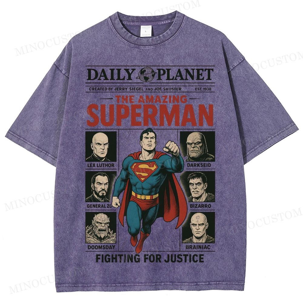 Superman Superhero Retro Comic Collage Graphic Washed T-Shirt