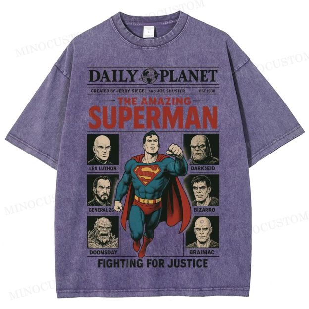 Superman Superhero Retro Comic Collage Graphic Washed T-Shirt