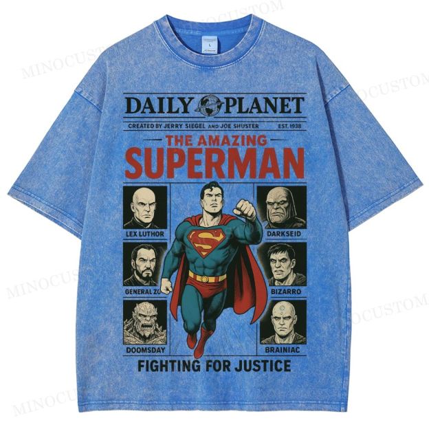 Superman Superhero Retro Comic Collage Graphic Washed T-Shirt