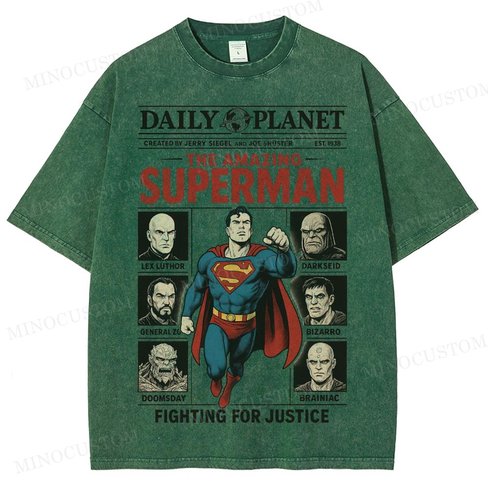 Superman Superhero Retro Comic Collage Graphic Washed T-Shirt