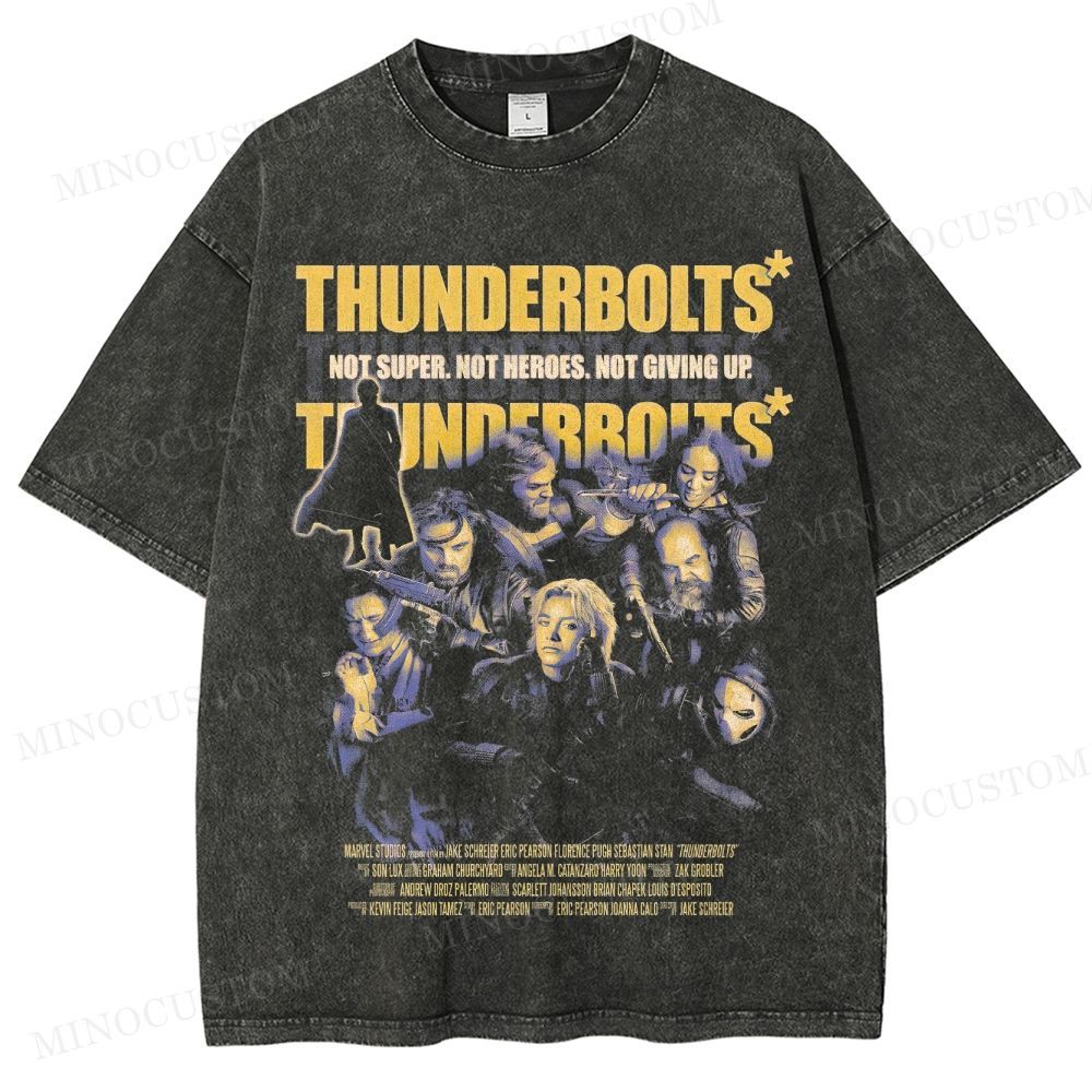 Thunderbolts Superhero Retro Poster Collage Graphic Washed T-Shirt
