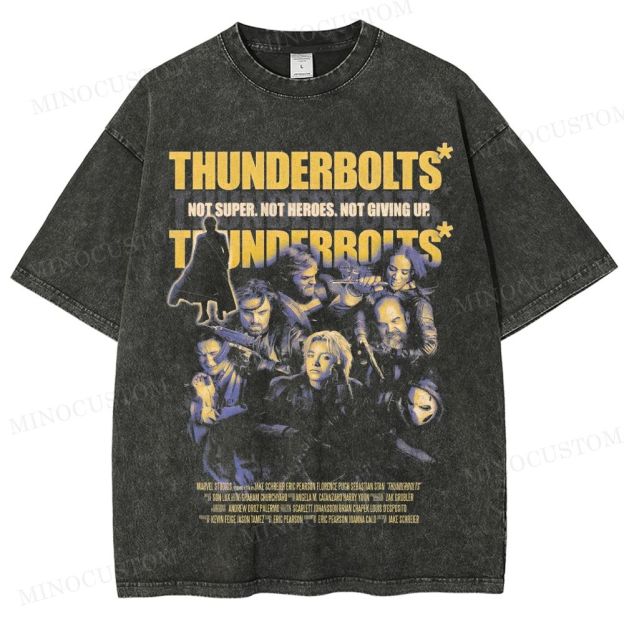 Thunderbolts Superhero Retro Poster Collage Graphic Washed T-Shirt 