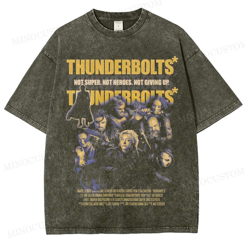 Thunderbolts Superhero Retro Poster Collage Graphic Washed T-Shirt 