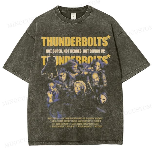 Thunderbolts Superhero Retro Poster Collage Graphic Washed T-Shirt 