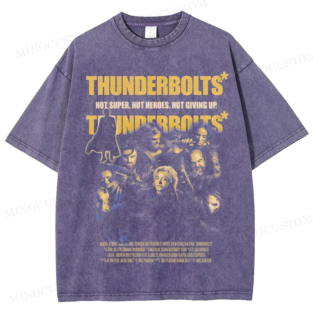 Thunderbolts Superhero Retro Poster Collage Graphic Washed T-Shirt 