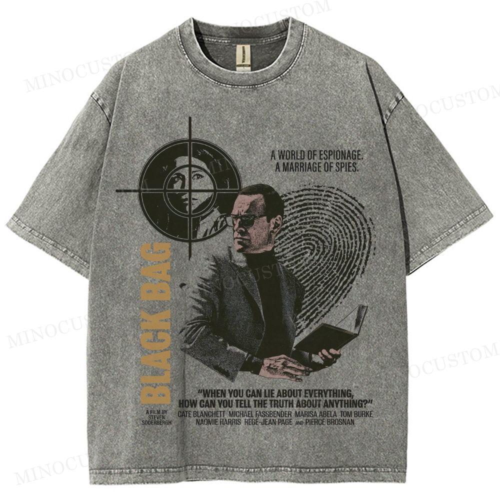 Black Bag Spy Thriller Retro Poster Collage Graphic Washed T-Shirt