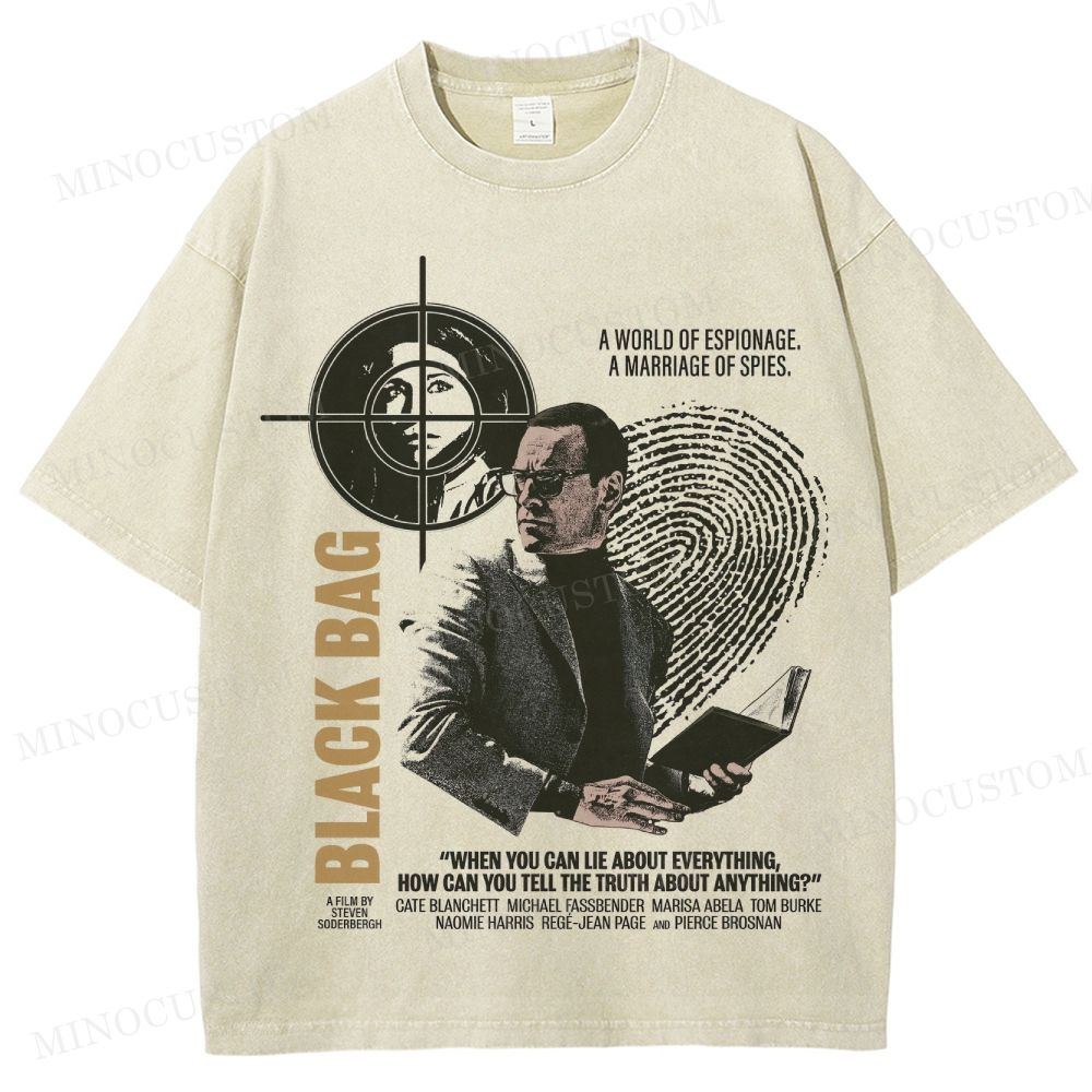Black Bag Spy Thriller Retro Poster Collage Graphic Washed T-Shirt