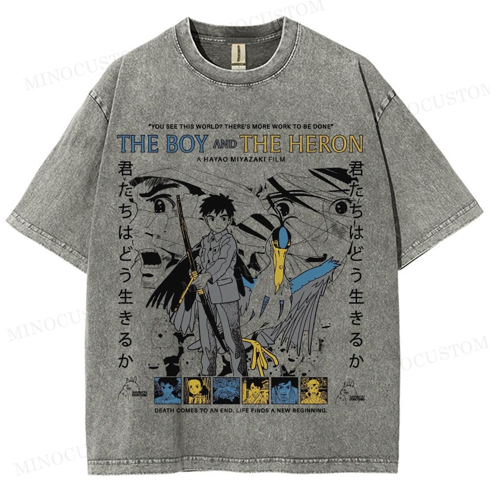 The Boy and the Heron Animated Fantasy Retro Collage Graphic Washed T-Shirt 