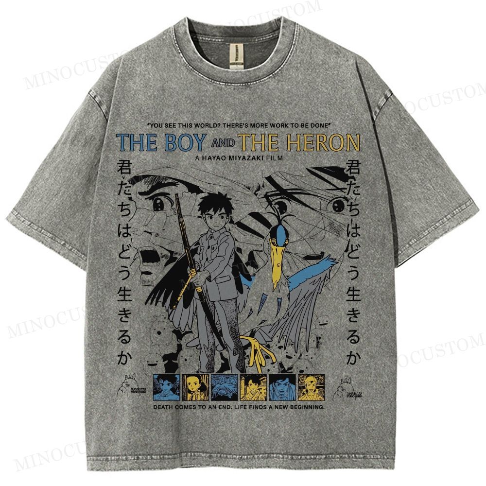 The Boy and the Heron Animated Fantasy Retro Collage Graphic Washed T-Shirt 