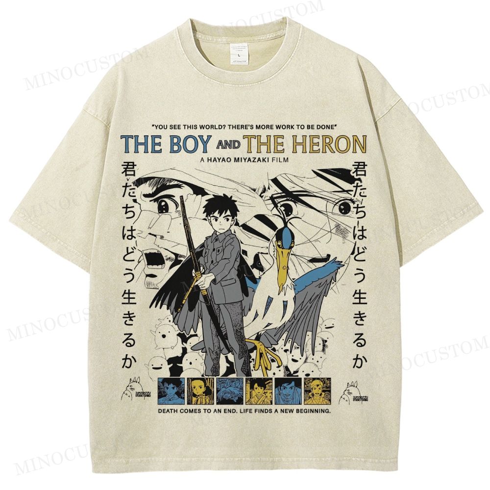 The Boy and the Heron Animated Fantasy Retro Collage Graphic Washed T-Shirt 