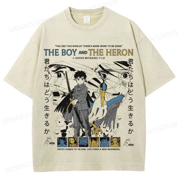 The Boy and the Heron Animated Fantasy Retro Collage Graphic Washed T-Shirt 