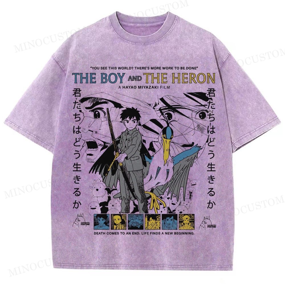 The Boy and the Heron Animated Fantasy Retro Collage Graphic Washed T-Shirt 