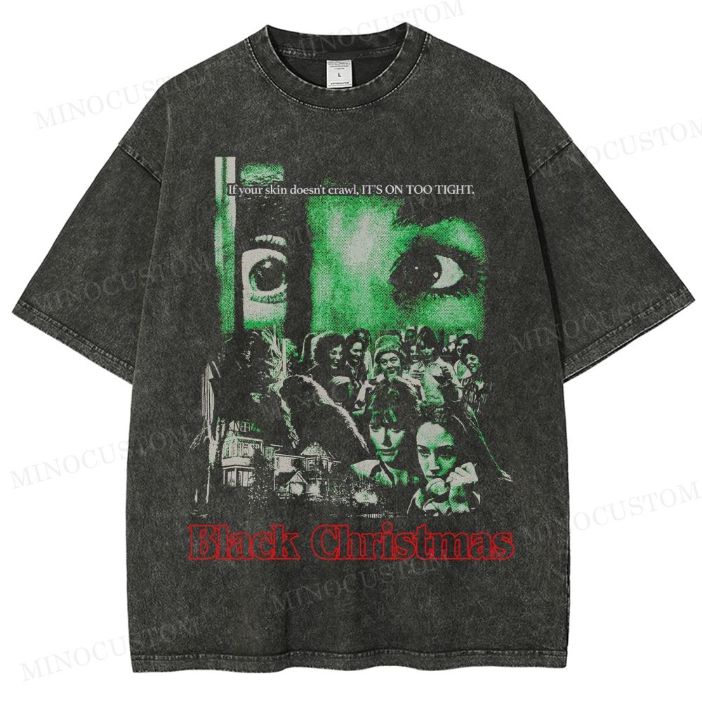 Black Christmas Slasher Horror Retro Collage Graphic Washed T-Shirt 