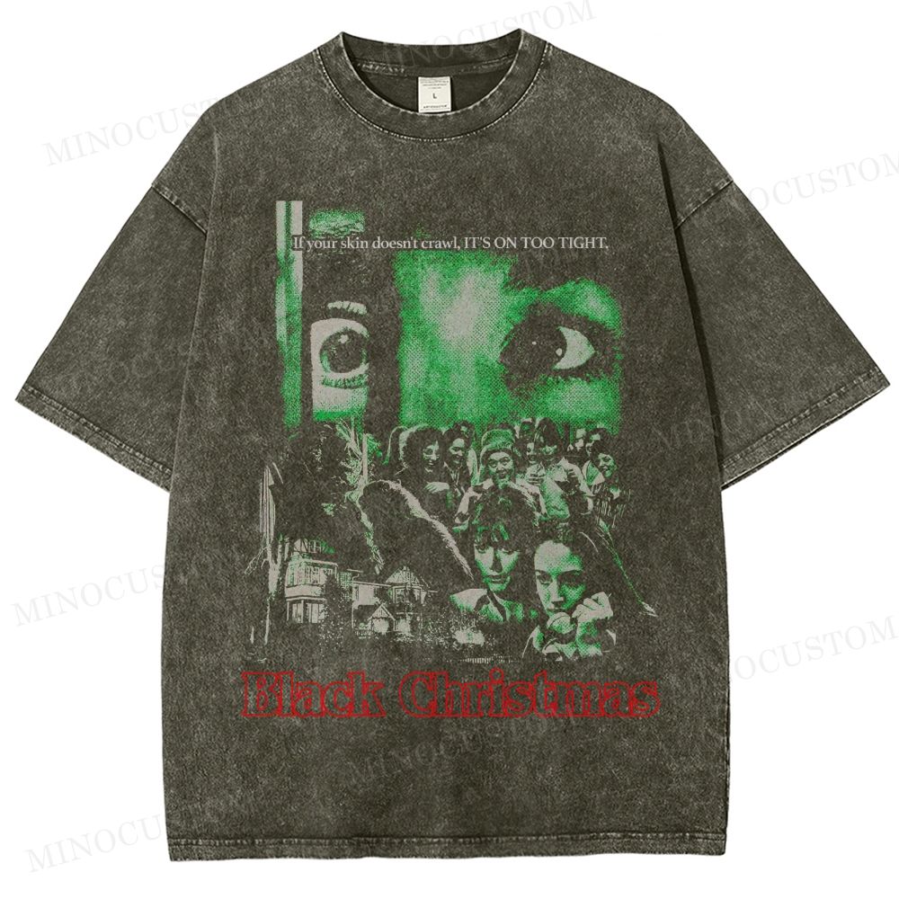 Black Christmas Slasher Horror Retro Collage Graphic Washed T-Shirt 