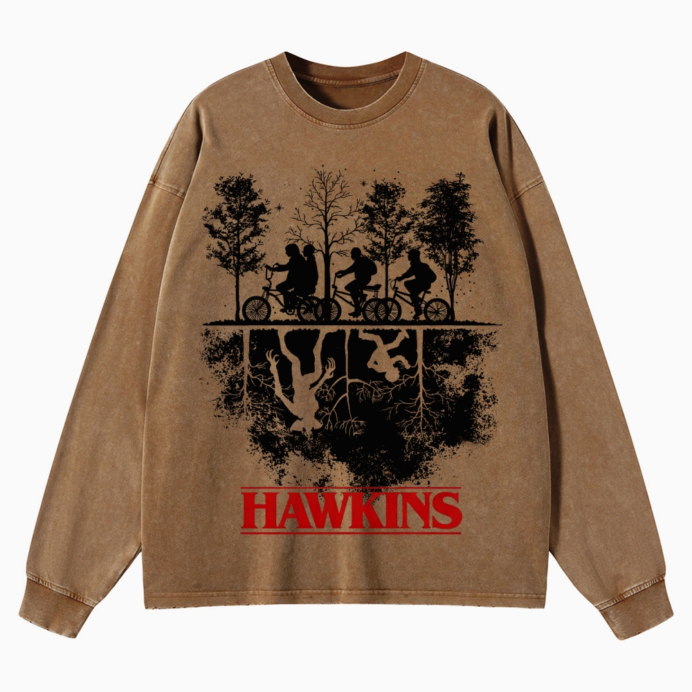 Sci-Fi Horror Town & Group Graphic Retro Washed Long-Sleeved T-Shirt