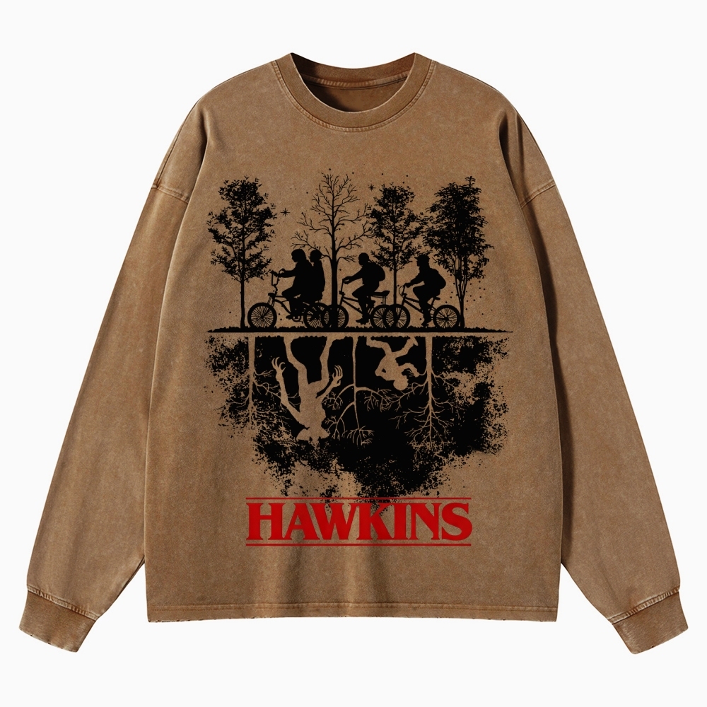 Sci-Fi Horror Town & Group Graphic Retro Washed Long-Sleeved T-Shirt