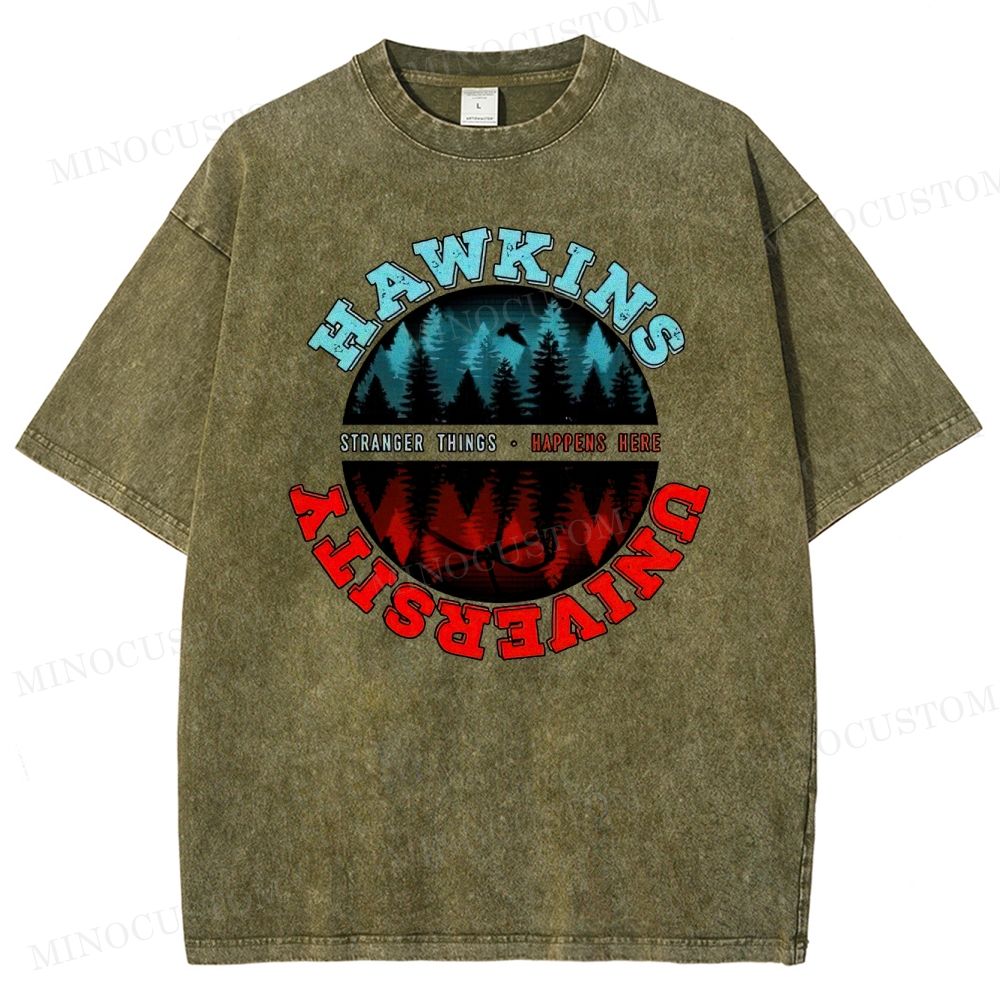 Retro Small-Town Supernatural University Graphic Washed T-Shirt