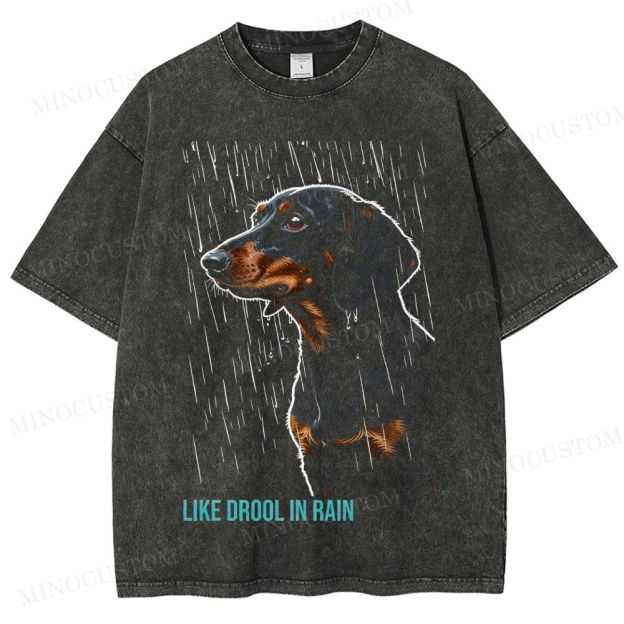 Retro "Like Drool in Rain" Rainy Dachshund Graphic Washed T-Shirt