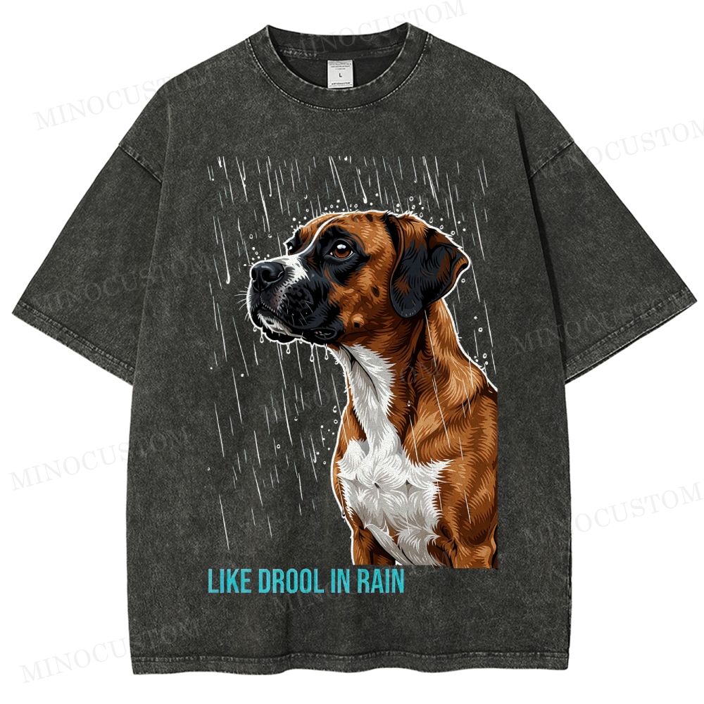 Retro "Like Drool in Rain" Rainy Boxer Dog Washed T-Shirt 