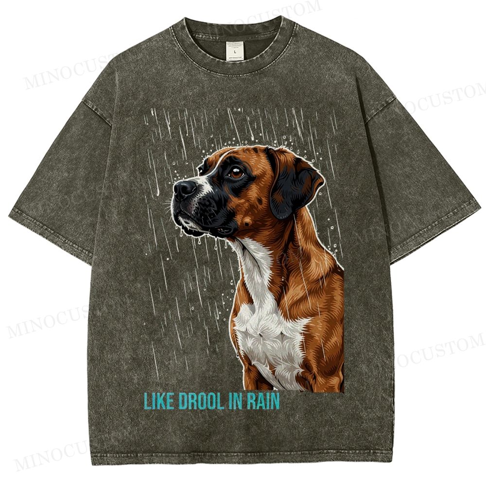 Retro "Like Drool in Rain" Rainy Boxer Dog Washed T-Shirt 