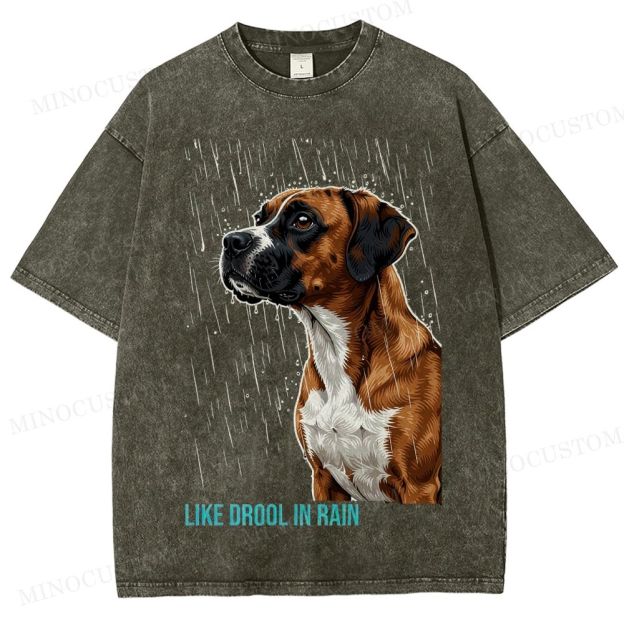 Retro "Like Drool in Rain" Rainy Boxer Dog Washed T-Shirt 