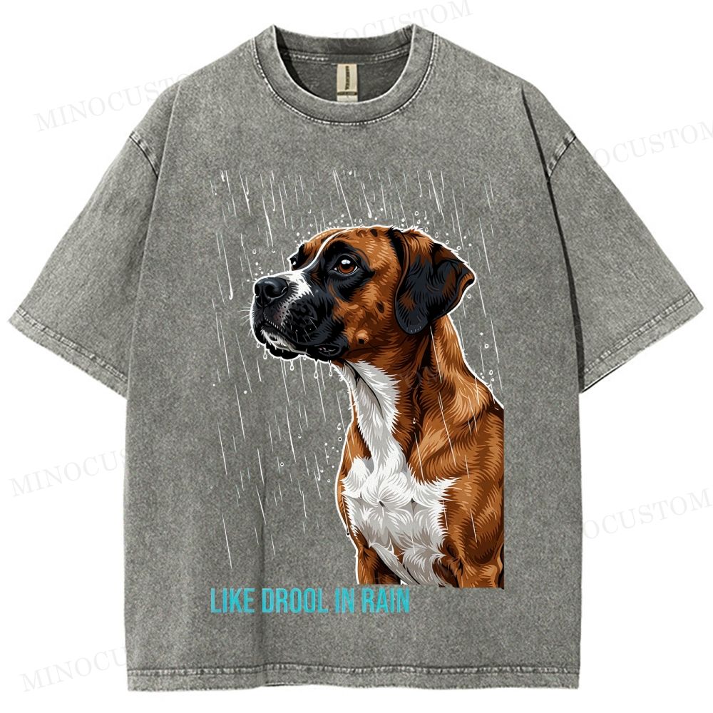 Retro "Like Drool in Rain" Rainy Boxer Dog Washed T-Shirt 