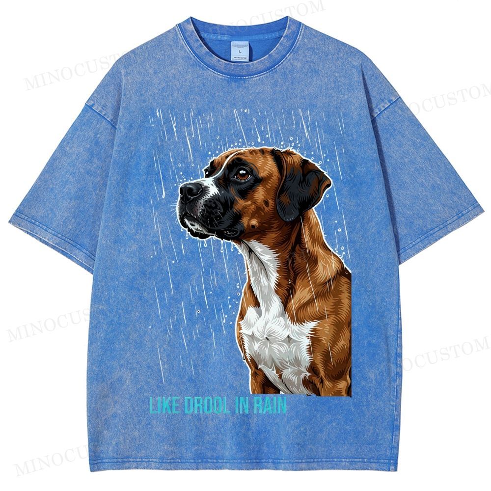 Retro "Like Drool in Rain" Rainy Boxer Dog Washed T-Shirt 