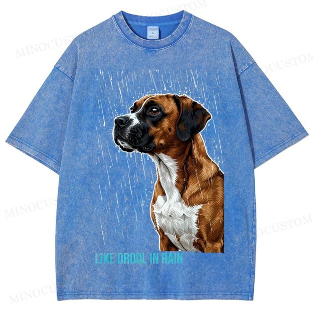 Retro "Like Drool in Rain" Rainy Boxer Dog Washed T-Shirt 