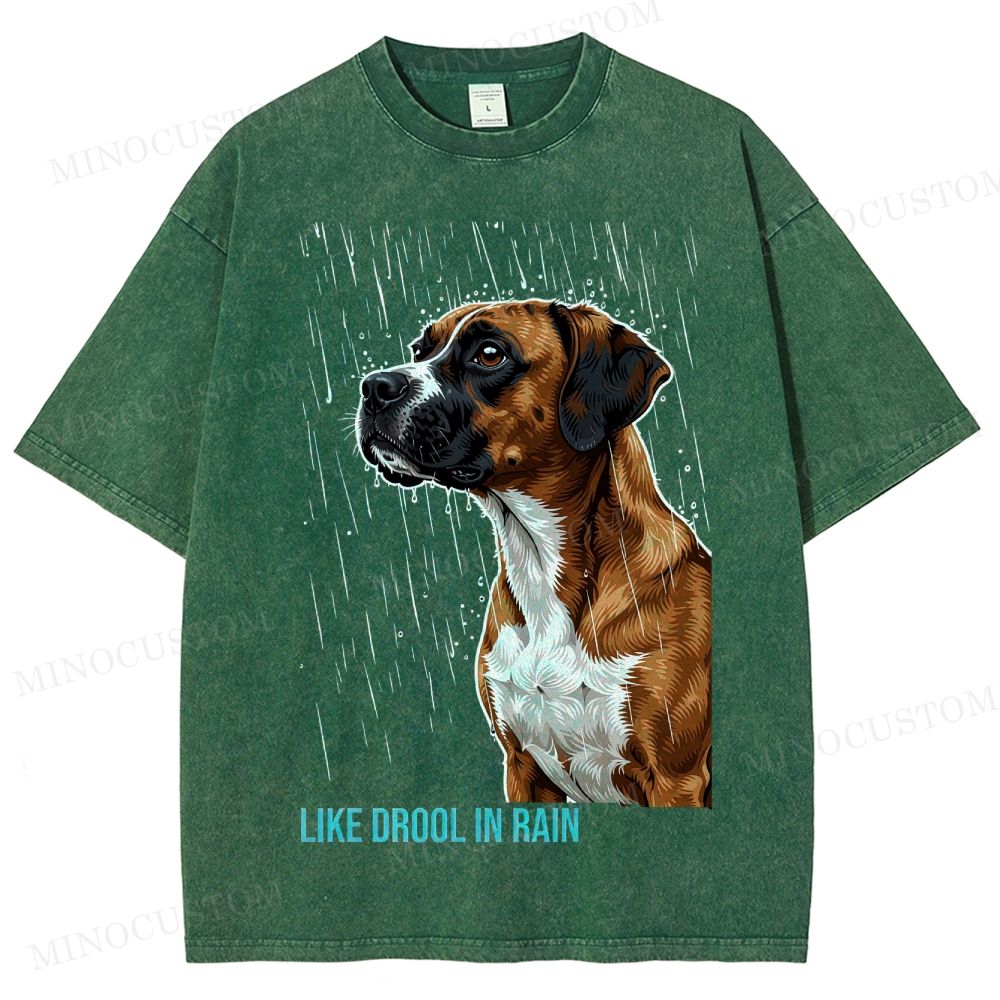 Retro "Like Drool in Rain" Rainy Boxer Dog Washed T-Shirt 