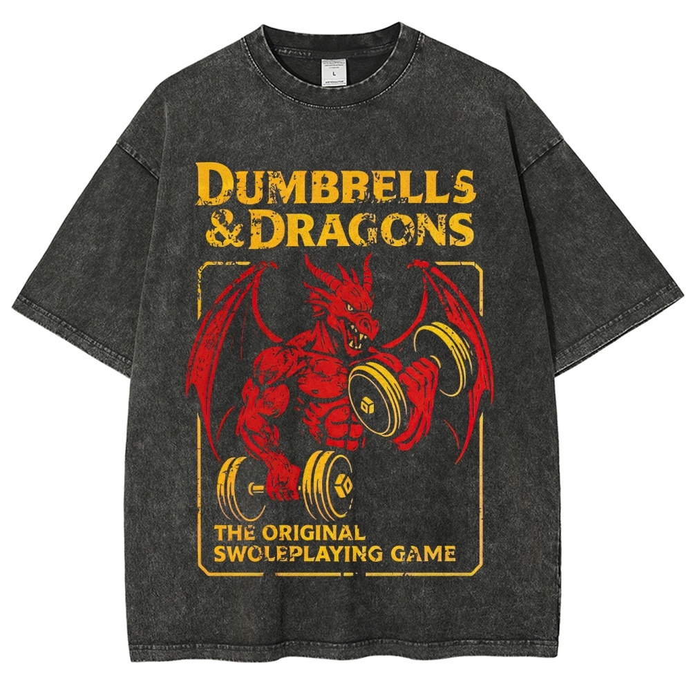 Retro "Dumbbells & Dragons" Muscular Dragon Graphic Washed T-Shirt