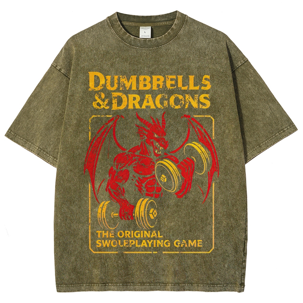 Retro "Dumbbells & Dragons" Muscular Dragon Graphic Washed T-Shirt