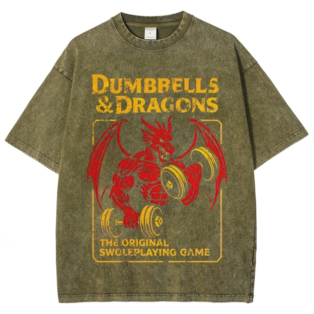 Retro "Dumbbells & Dragons" Muscular Dragon Graphic Washed T-Shirt