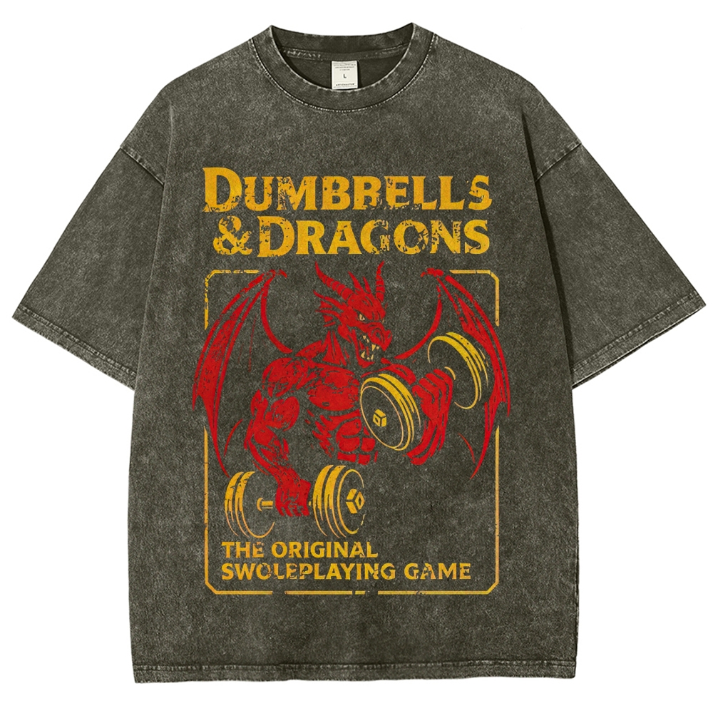 Retro "Dumbbells & Dragons" Muscular Dragon Graphic Washed T-Shirt