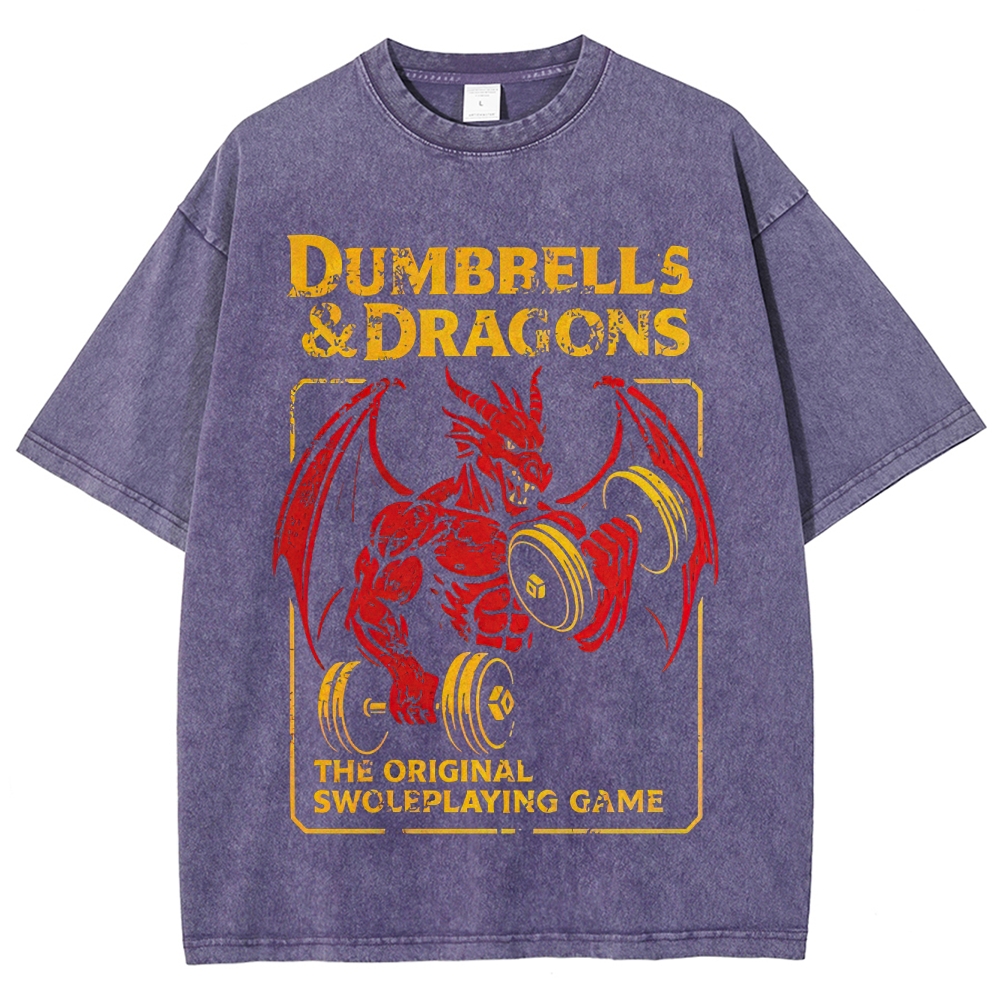 Retro "Dumbbells & Dragons" Muscular Dragon Graphic Washed T-Shirt