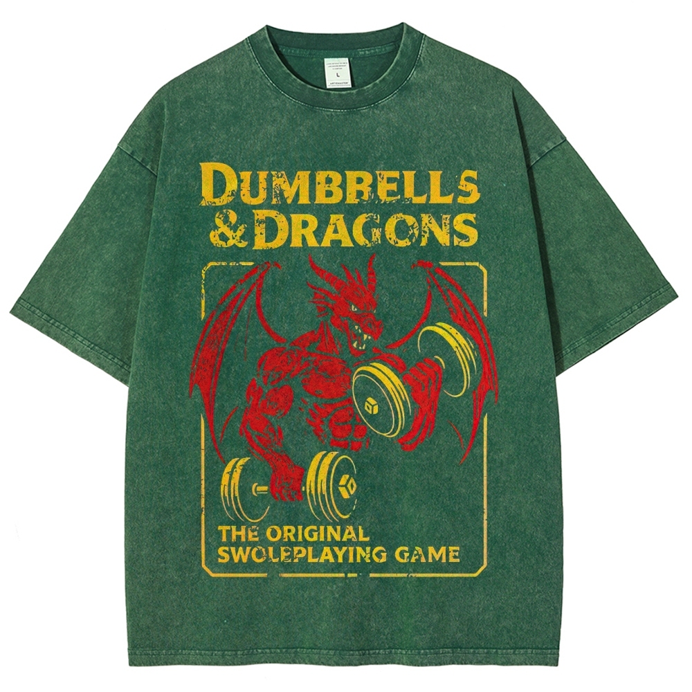 Retro "Dumbbells & Dragons" Muscular Dragon Graphic Washed T-Shirt