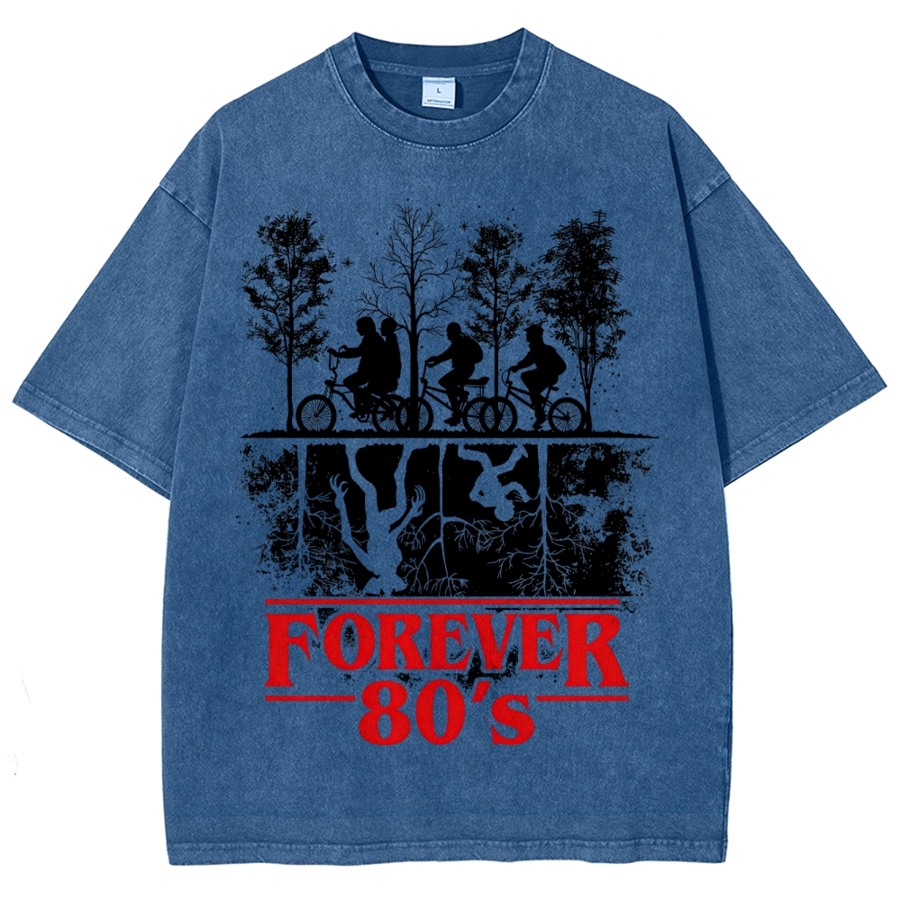 Retro "Forever 80's" Biker Silhouette Split-Realm Graphic Washed T-Shirt