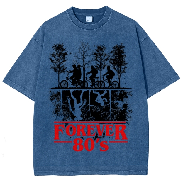 Retro "Forever 80's" Biker Silhouette Split-Realm Graphic Washed T-Shirt