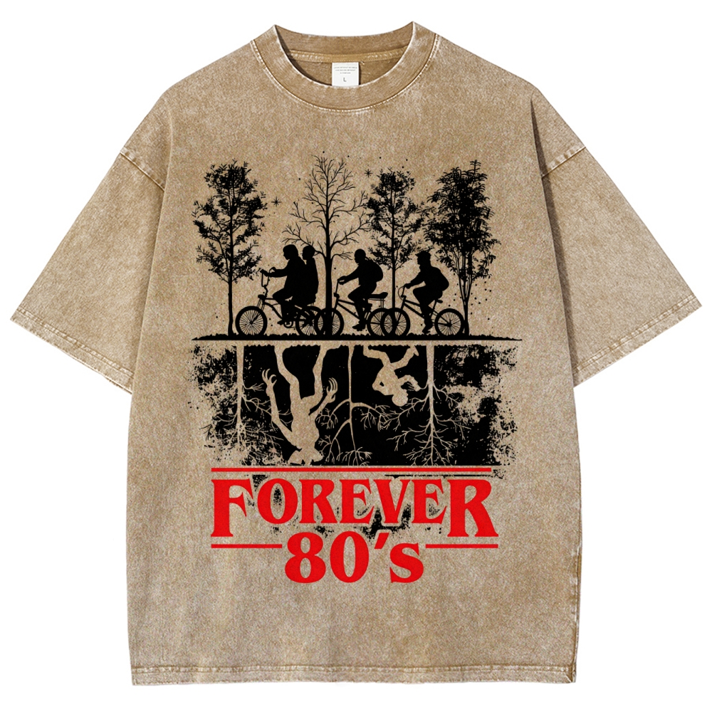 Retro "Forever 80's" Biker Silhouette Split-Realm Graphic Washed T-Shirt