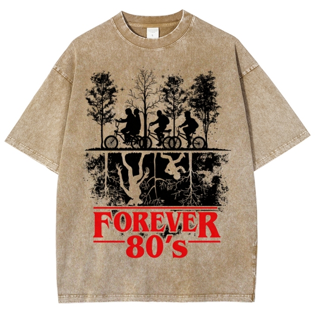 Retro "Forever 80's" Biker Silhouette Split-Realm Graphic Washed T-Shirt
