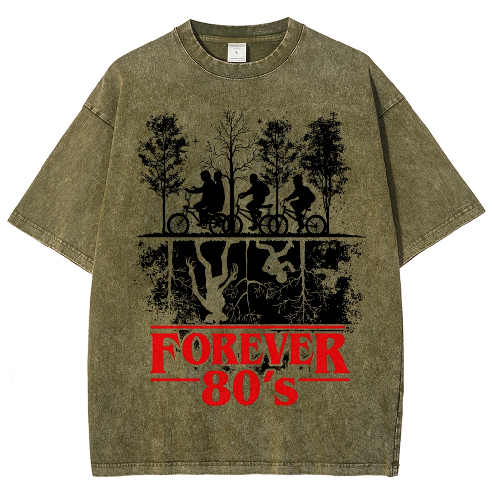 Retro "Forever 80's" Biker Silhouette Split-Realm Graphic Washed T-Shirt