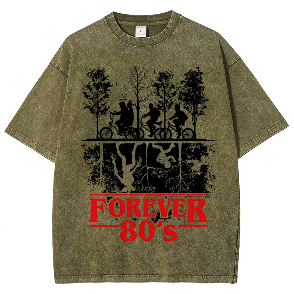 Retro "Forever 80's" Biker Silhouette Split-Realm Graphic Washed T-Shirt